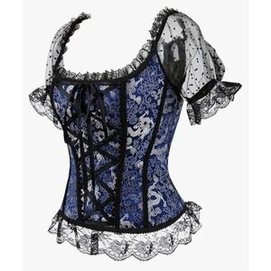 Women Punk Gothic Blouse Overbust Top Bustier Lace Ruffle Short Puff Sleeve 5XL